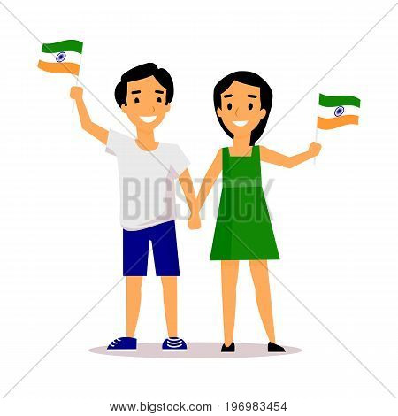 Young couple, man and woman holding, waving Indian flags, cartoon vector illustration isolated on white background. Full length portrait of couple, man and woman with Indian tricolor flags