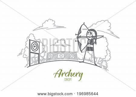 Archery concept. Hand drawn archery athlete aiming at a target in the distance. Arrow and bow in hands of sportsman isolated vector illustration.