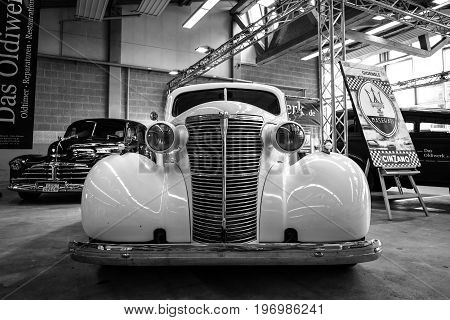 PAAREN IM GLIEN GERMANY - MAY 23 2015: Vintage car Chevrolet Master Serie GB Business Coupe. Black and white. The oldtimer show in MAFZ.