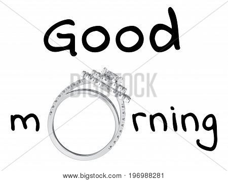 3D illustration isolated black text words good morning with wedding silwer diamond ring on a white background