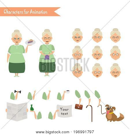 Grandmother housewife character for scenes. Parts of body template for animation. Funny Grandmother housewife cartoon. Emoji face icons
