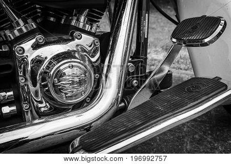 PAAREN IM GLIEN GERMANY - MAY 23 2015: Fragment of a motorcycle Harley-Davidson. Black and white. The oldtimer show in MAFZ.
