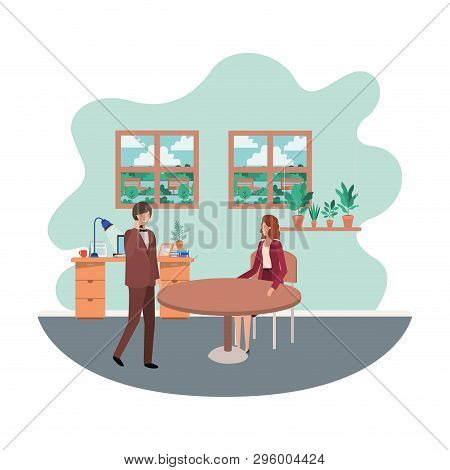 Couple Business In The Room With View The Landscape Vector Illustration Desing