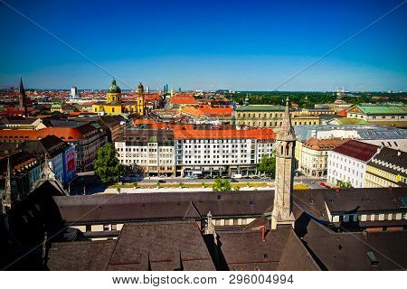 Aerial Panoramic View To Munich City And Marienhof Kurt- Eisner-platz Park From Rathaus-glockenspiel