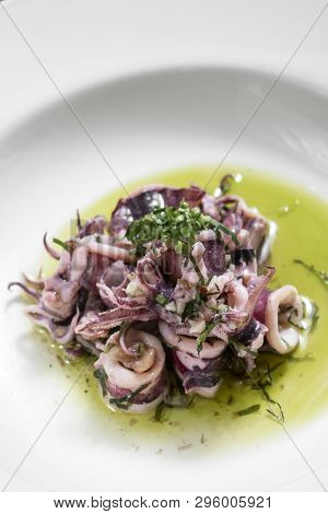 Lulas Algarvia Portuguese Traditional Algarve Fresh Seafood Marinated Squid With Coriander Infused O