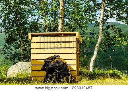 Picnic Site Rest Stop Area With Garbage Bin In Norwegian Nature. Scandinavia Europe.