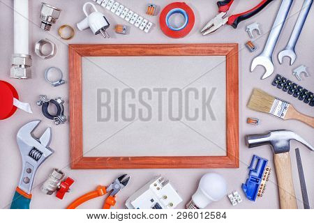 Home Repair Tools On Table With Copy Space. Mock-up.
