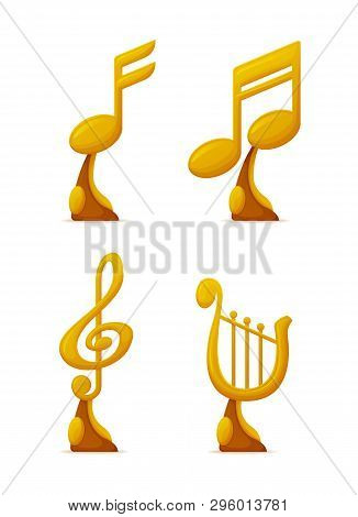 Music Award, Reward Of Musical Players And Singers Vector. Isolated Icons Set Of Gold Prizes With No
