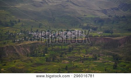 Aerial Panoramic View To Colca Canyon And Madrigal City From The Madrigal Viewpoint At Chivay, Arequ