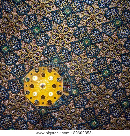 Cairo, Egypt - August 26, 2018: Colorful Wooden Ornate Ceiling With Floral And Geometrical Patterns 