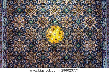 Cairo, Egypt - August 26, 2018: Colorful Wooden Ornate Ceiling With Floral And Geometrical Patterns 