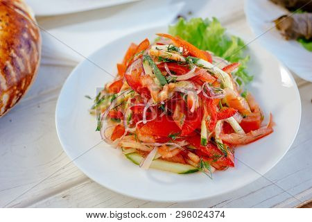 Achik-chukchuk Salad Made From Fresh Vegetables, On White Plate, Great Image For Your Needs.