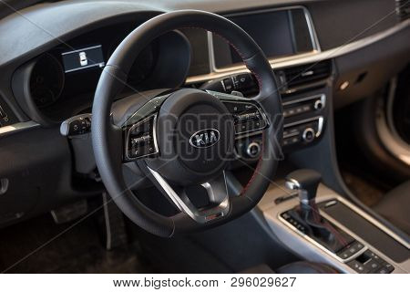 Russia, Izhevsk - April 4, 2019: Showroom Kia. Interior Of New Optima With Automatic Transmission.