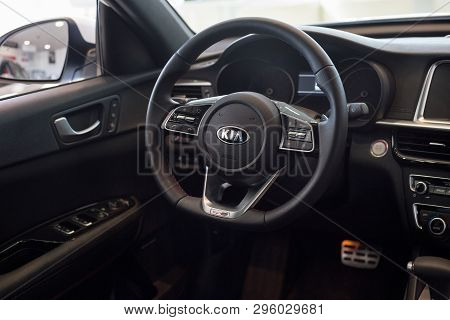 Russia, Izhevsk - April 4, 2019: Showroom Kia. New Optima With Automatic Transmission In Dealer Show