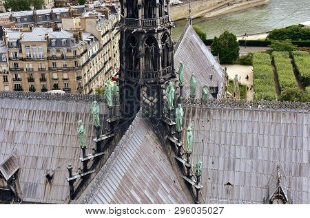 Notre Dame Spire, La Fleche, And Lead Clad Wooden Roofs Before The Fire. View Of The Apostles And Ev