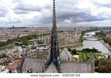 Notre Dame Spire, La Fleche, And Lead Clad Wooden Roofs Before The Fire. Cityscape With The Seine Ri