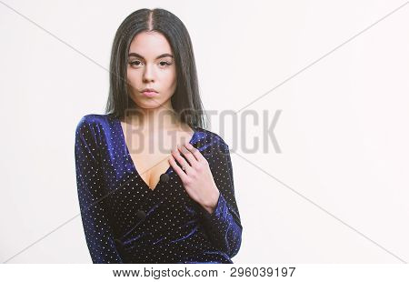 Woman Elegant Lady With Makeup Long Hair Wear Velvet Dark Dress With Decolette. Sexy Decollete Fashi