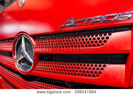 Munich / Germany - April 14, 2019: Mercedes Benz Star On A Mercedes Benz Actros Truck. Mercedes-benz