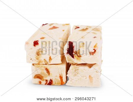 French Soft Nougat With Strawberry Flawour And Almonds Isolated On White Background. Greek Manolato