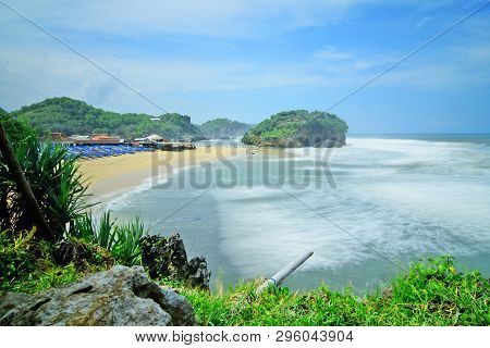 Natural Views Of The South Coast In The Yogyakarta Region. This Beach Is Named 