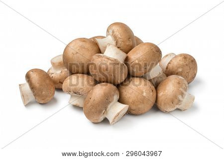  Heap of fresh raw chestnut mushrooms close up isolated on white background