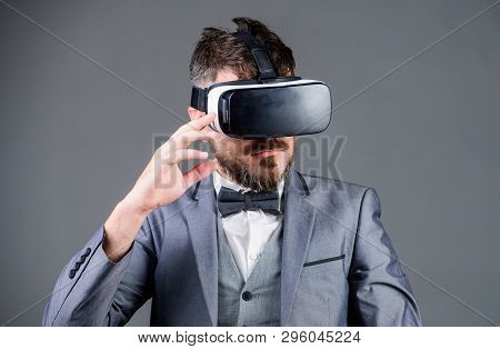 Businessman Explore Virtual Reality. Digital Technology For Business. Business Man Virtual Reality. 