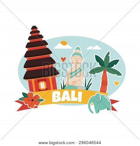 Cartoon Illustration With Bali Famous Landmarks, Symbols