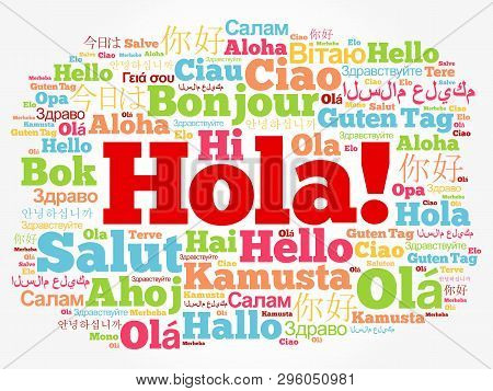 Hola! (hello Greeting In Spanish) Word Cloud In Different Languages Of The World, Background Concept