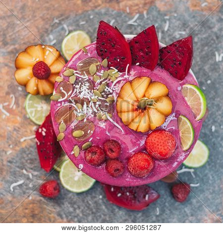 Food And Art Concept. Beautifully Designed Fruit. Ice Cream With Pink Pitaya, Slices Of Red Dragon F