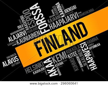 List Of Cities And Towns In Finland, Word Cloud Collage, Business And Travel Concept Background