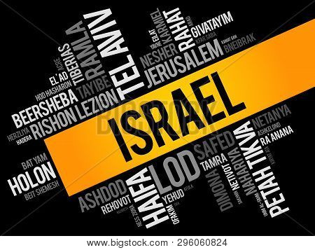 List Of Cities And Towns In Israel, Word Cloud Collage, Business And Travel Concept Background