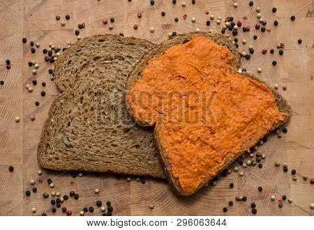 Brown Sandwich With Filet Americain On Wood, American Fillet, Cow Meat And Pepper