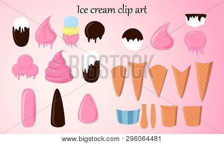 Vector Illustration Of Ice Cream And Waffle Cones. Ice Cream Clip Art.
