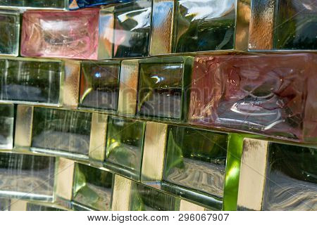 Glass Blocks Background, Glas Wall Texture With Colors Inside, Glass With Cooler Inside,
