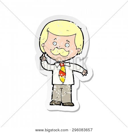 retro distressed sticker of a cartoon newsreader man with idea
