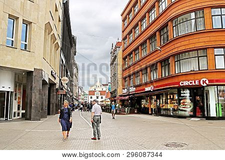 Riga, Latvia - August 28, 2018: View Of Kalku Street