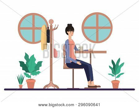 Woman Drinking Coffee In The Dining Room Vector Illustration Design