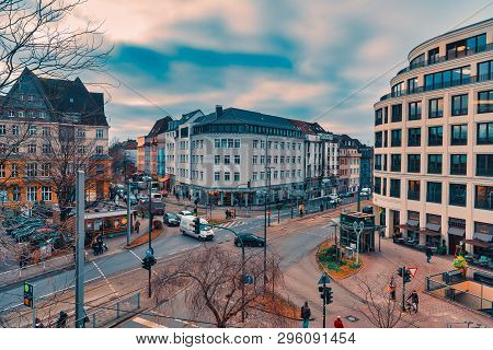 Essen, Germany - January 25, 2017: The Ruettenscheider Stern Is A Busy Road Junction In The South Of