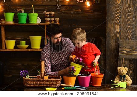 Family Day. Greenhouse. Father And Son. Fathers Day. Flower Care Watering. Soil Fertilizers. Happy G