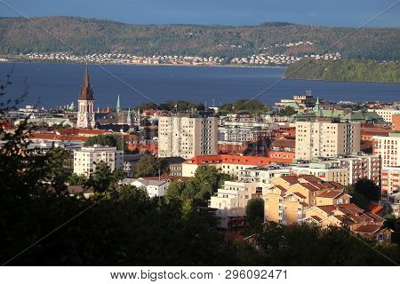 Jonkoping Town Skyline With Lake Vattern In Sweden. Smaland Province.