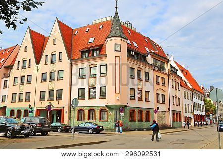 Riga, Latvia - August 28, 2018: View Of Building On The Coner Of Peldu Street And Kungu Street