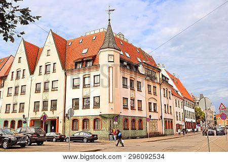 Riga, Latvia - August 28, 2018: View Of Building On The Coner Of Peldu Street And Kungu Street
