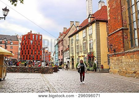 Riga, Latvia - August 28, 2018: Buildings On Skarnu Street Near St.peter Church