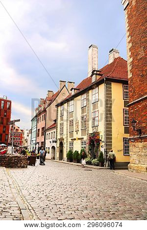Riga, Latvia - August 28, 2018: Buildings On Skarnu Street Near St.peter Church