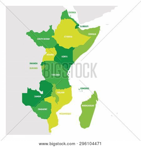 East Africa Region. Map Of Countries In Eastern Africa. Vector Illustration
