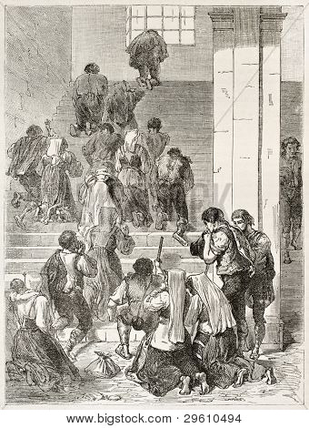 Penitente pellegrini in ginocchio sulla Scala Santa (Scala Santa), Roma. Creato da Crepon dopo Picart, 