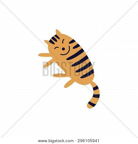 Cute Smiling Tabby Red Cat Lying On Its Side Flat Cartoon Style