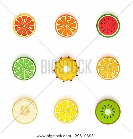 Set Of Tropical Round Fruits In Paper Cut Style. Slice Circle Citrus Orange, Tangerine, Pineapple, L