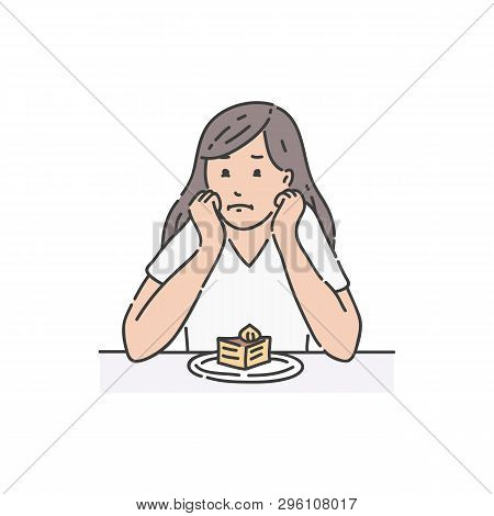 Sad Female Sitting At Table Propping Head And Looking At Cake Cartoon Style