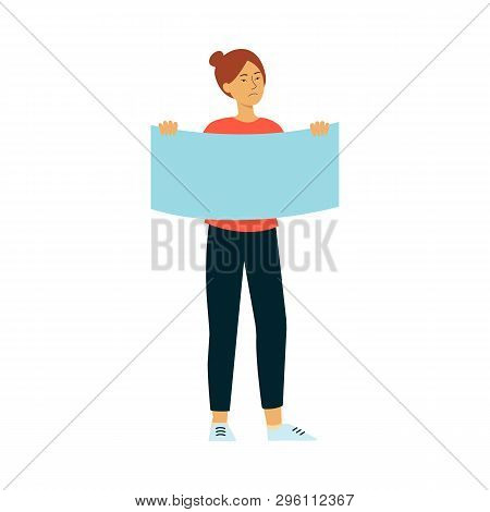Protester Woman Or Student Holding A Blank Poster Flat Vector Isolated On White.